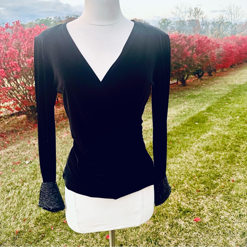 Vintage Cachet Black Stretch Velvet Surplice Beaded Cuff Top / Blouse